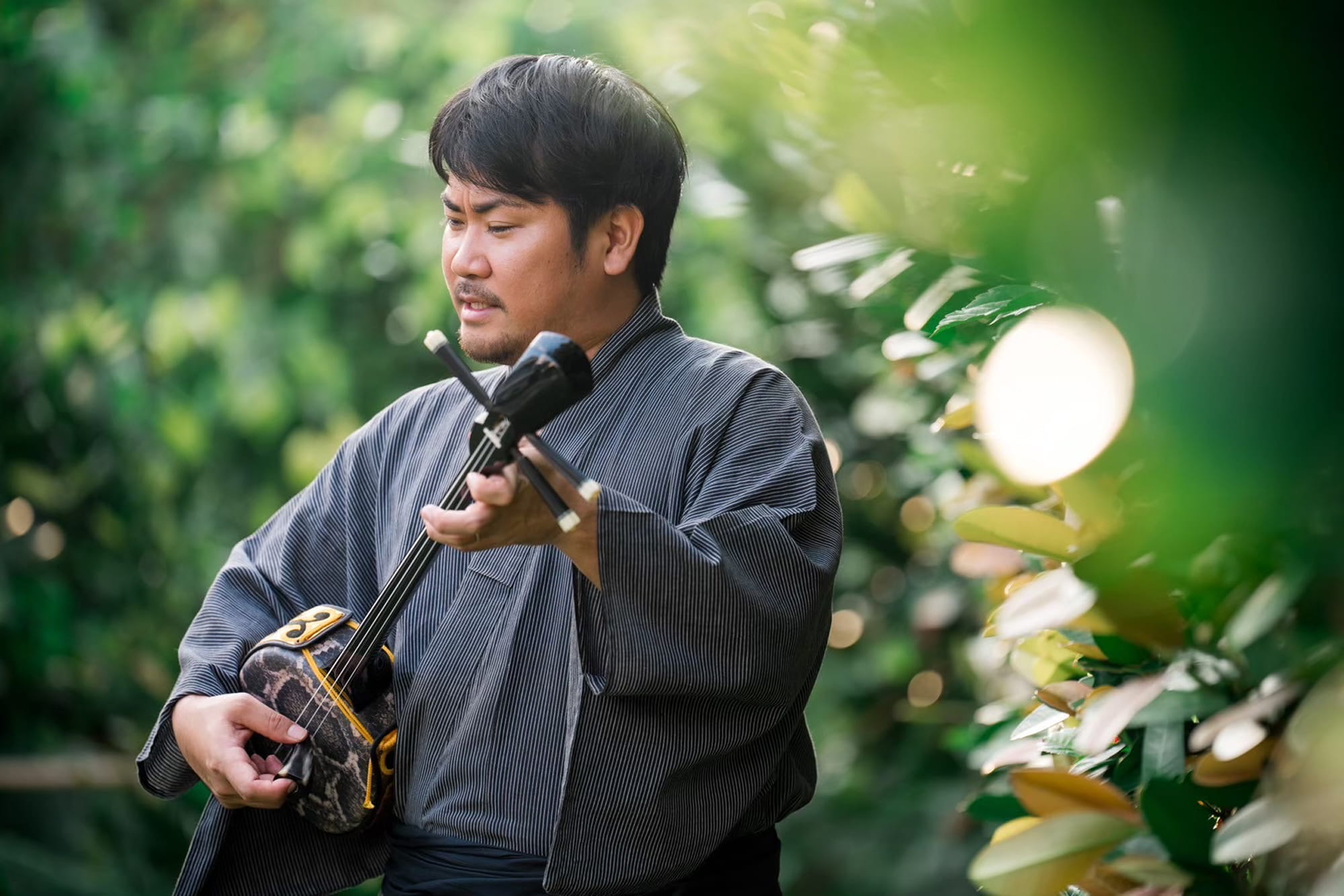 八重山の唄者が奏でる、夕暮れ時の三線ライブ演奏