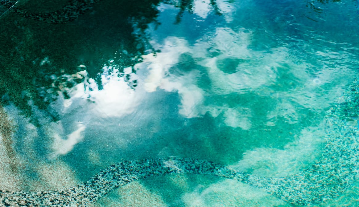 陽光が揺れる極海静邸のbioデザインプールの水面